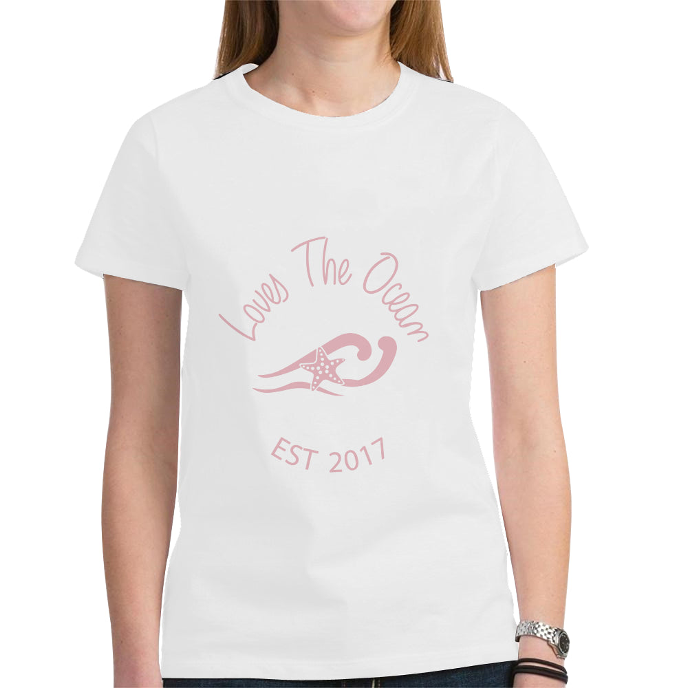 Loves The Ocean White Pink Cotton Short Sleeve T-Shirt