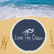 Load image into Gallery viewer, Loves The Ocean Navy White Circular Beach Towel / Shawl 59&quot;