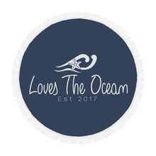 Load image into Gallery viewer, Loves The Ocean Navy White Circular Beach Towel / Shawl 59&quot;