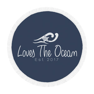 Loves The Ocean Navy White Circular Beach Towel / Shawl 59"